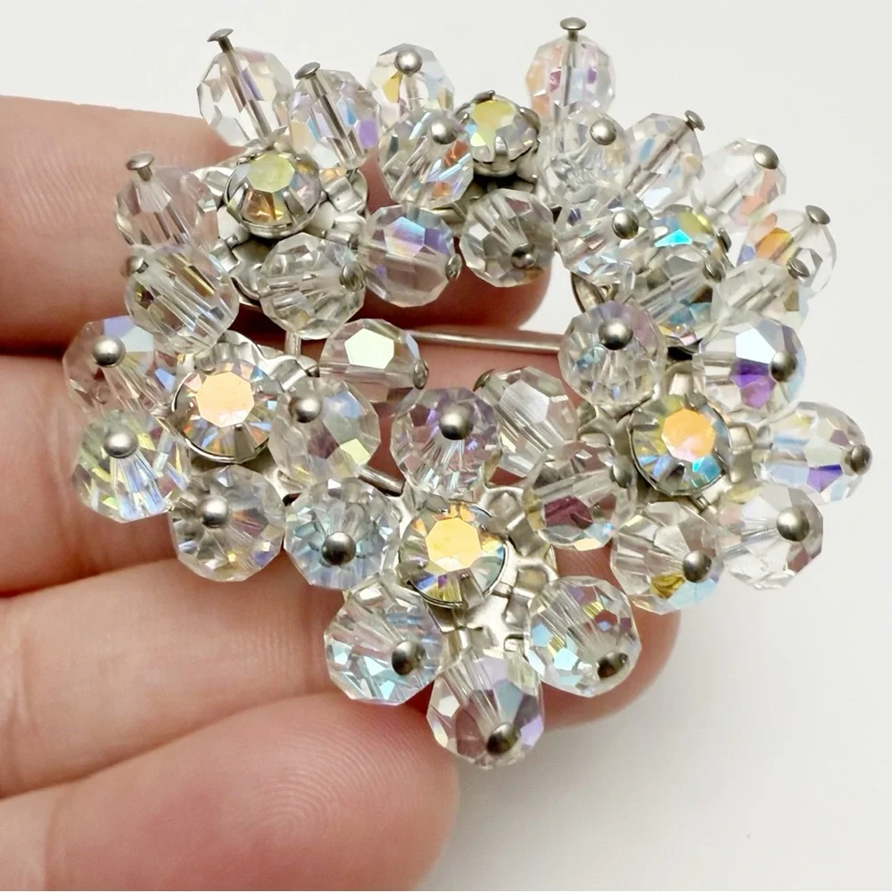 Vintage AB Rhinestone Clear Glass Beaded Cha Cha Round Brooch Pin